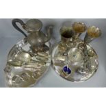 A collection of plated ware, gallery tray, circular tray, coffee pot, three stem goblets, a cruet