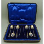 A set of six silver spoons and sugar bows, 88g