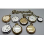 A gun metal cased Omega pocket watch and seven other watches