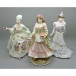 Three figures; Coalport Eugenie, Royal Worcester The Queen of the May and Royal Doulton Diana