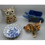 A Russian figure of a tiger cub, a Delft pierced dish, a studio pottery owl tea light holder and a