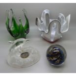 Four items of glass including a Selkirk paperweight