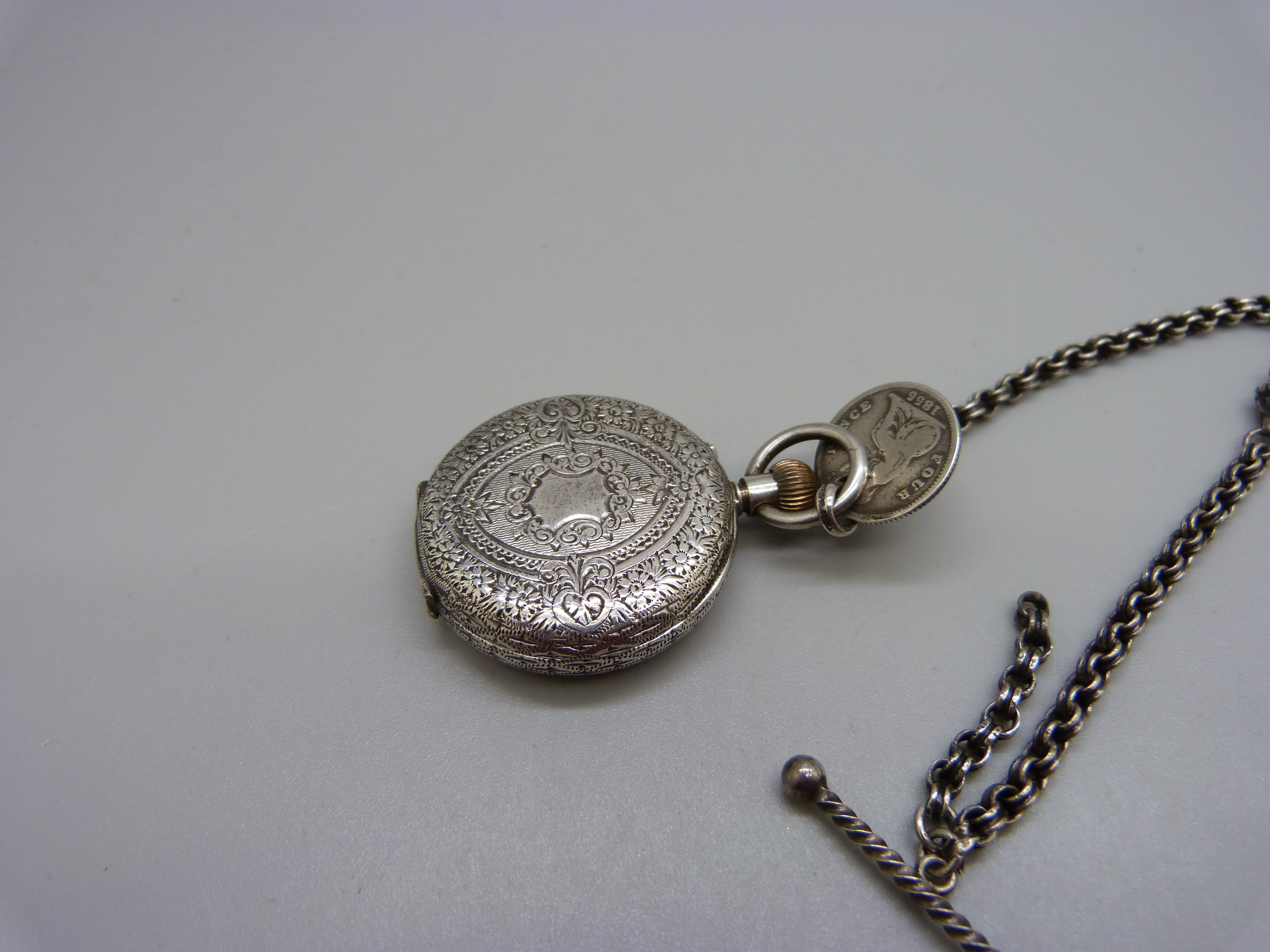 A 935 silver fob watch and an Albertina chain, (lacking clip) - Image 3 of 4