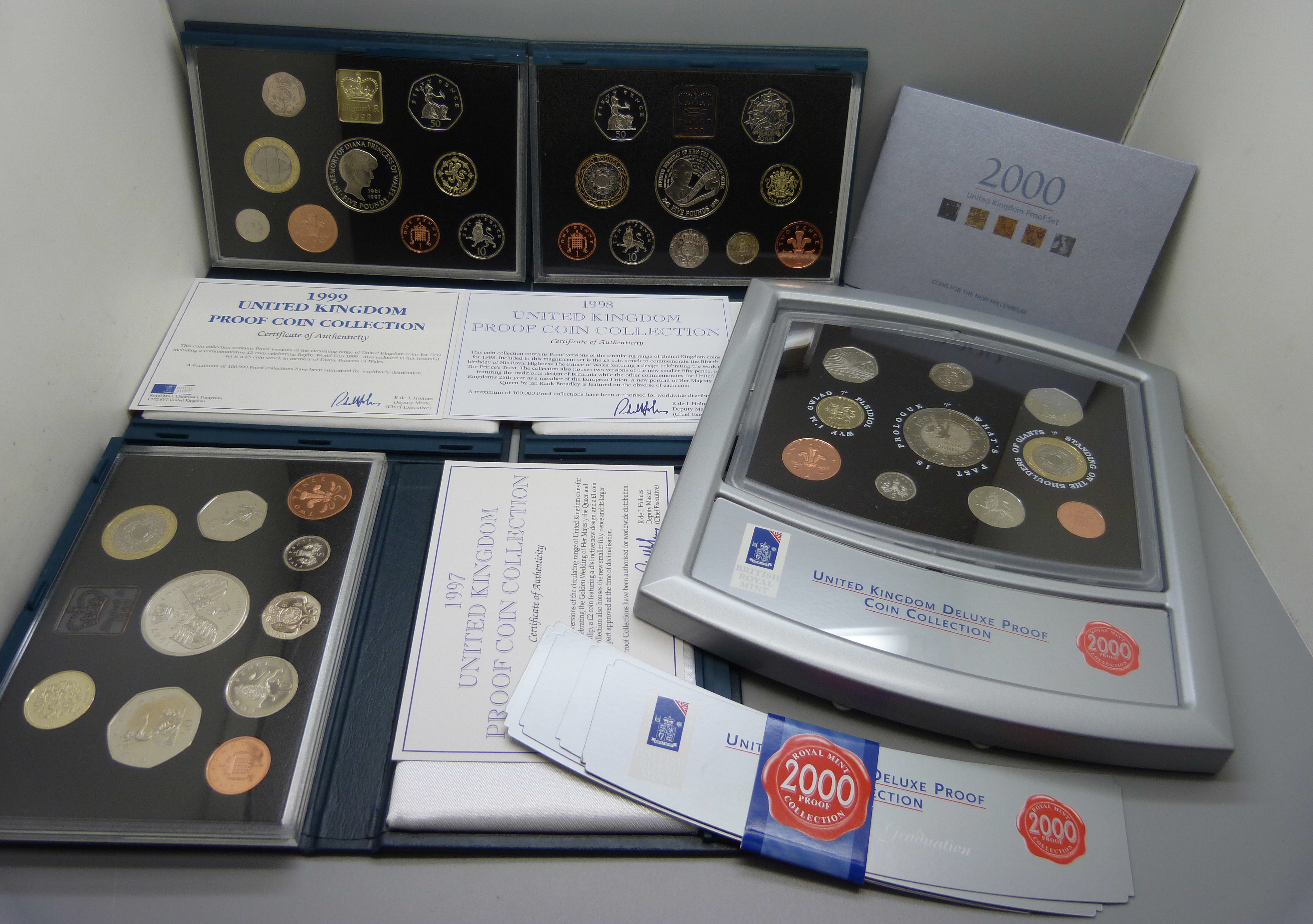 Four UK proof coin sets, 1997, 1998, 1999 and 2000