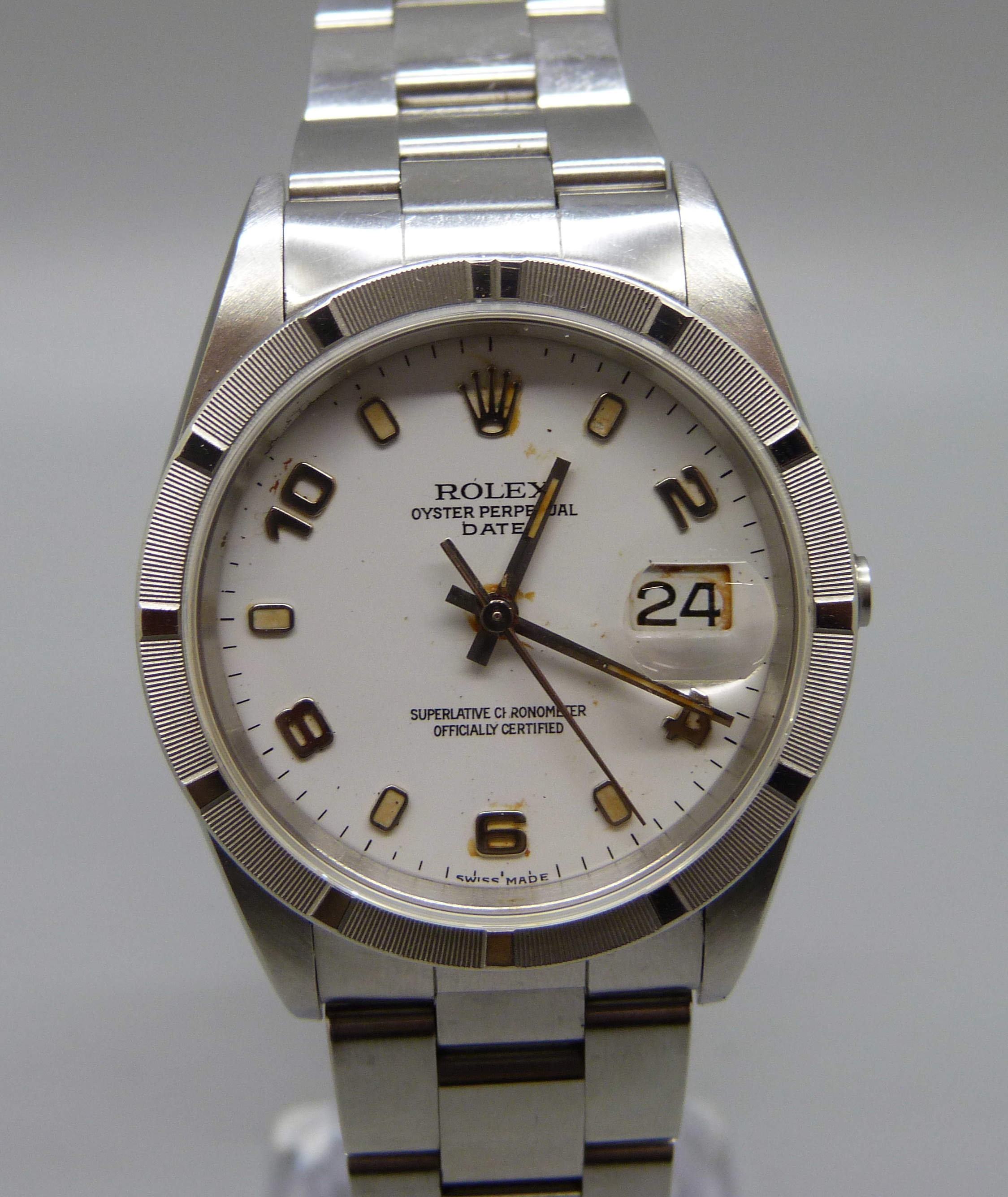 A Rolex Oyster Perpetual Date wristwatch, boxed with papers, lacking crown - Image 4 of 14