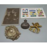 Three British military badges and two postcards, (Mine badge a/f)
