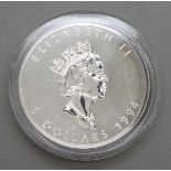 A 1994 Canada 9999 fine silver 1oz. 5 dollars maple coin