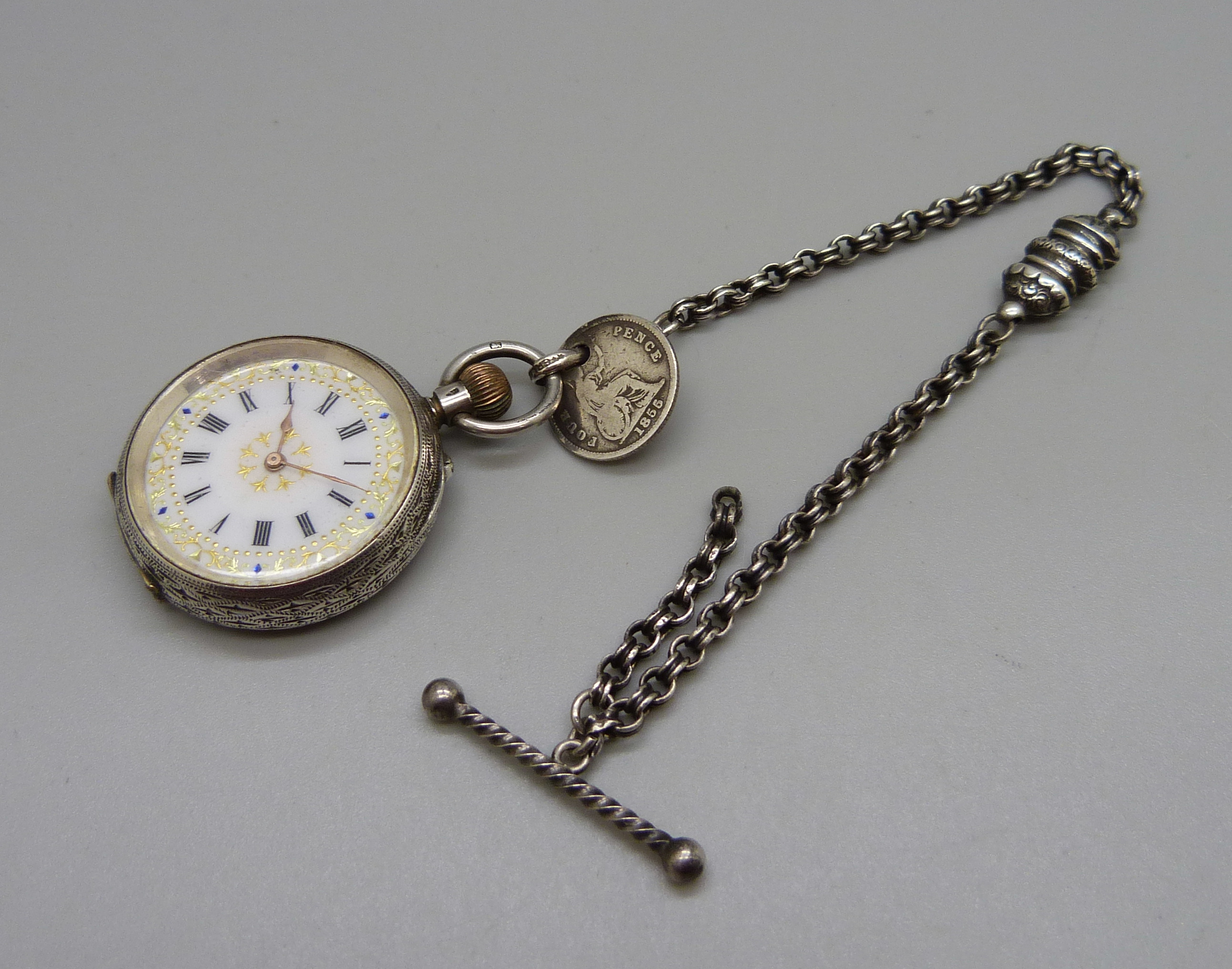 A 935 silver fob watch and an Albertina chain, (lacking clip)