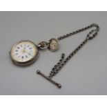 A 935 silver fob watch and an Albertina chain, (lacking clip)