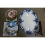 A large oval flow blue serving plate with stand, three Royal Doulton Heroes of The Sky WWII aircraft