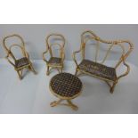 Antique Victorian dolls furniture; two chairs, sofa, table, height of chair 6"/15cm