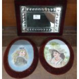 Two Victorian portraits of young girls, both oils on opaque glass and a wall mirror with velvet