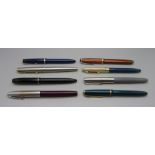 Five fountain pens with 14ct gold nibs, three Parker, one Sheaffer and one Blackbird, and three