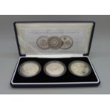 A Royal Mint 2007 Diamond Wedding Anniversary silver proof coin set, 3x 925 silver, each 28.28g