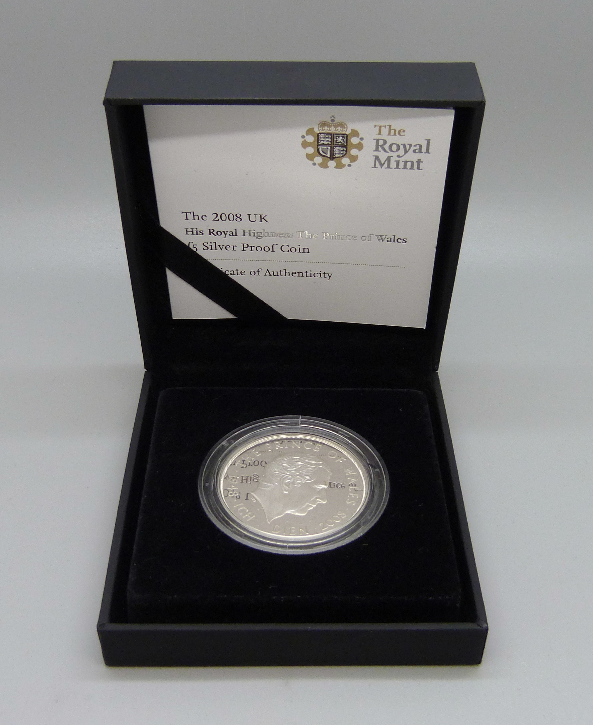 A Royal Mint 2008 Prince of Wales silver proof £5 coin, cased