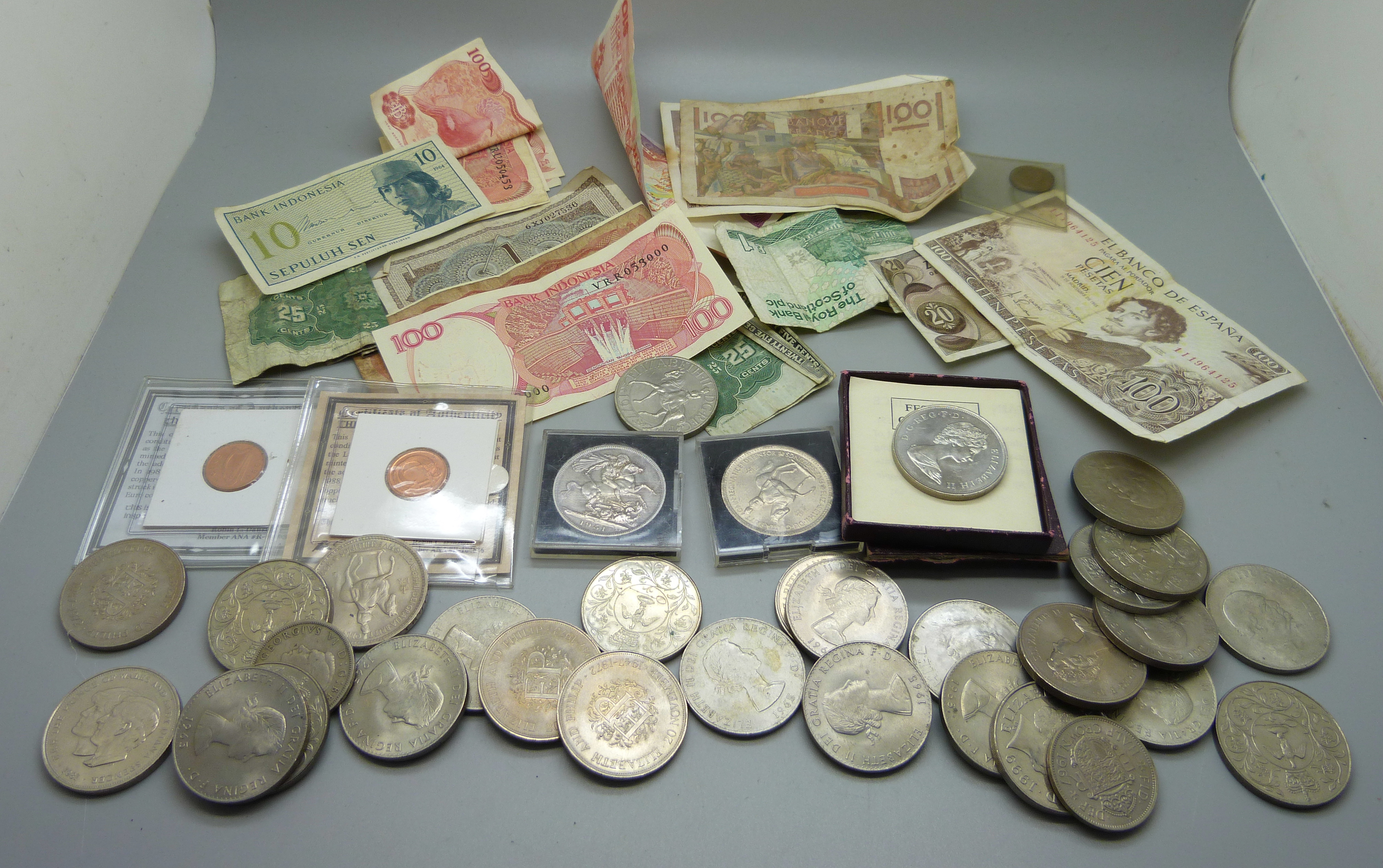 A box of bank notes and commemorative coins