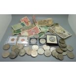 A box of bank notes and commemorative coins