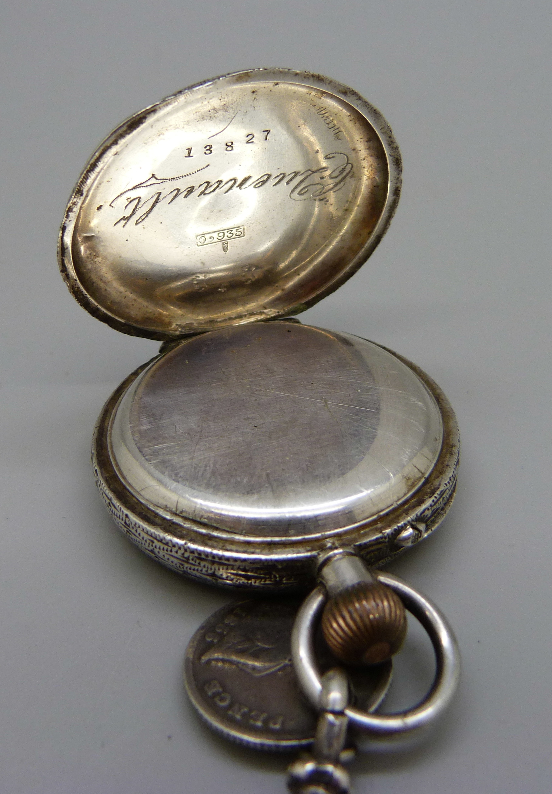 A 935 silver fob watch and an Albertina chain, (lacking clip) - Image 4 of 4