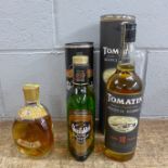 Three bottles of whisky; Tomatin, Glenfiddich and Dimple, (latter two are half bottles) two boxed