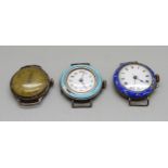Three silver wristwatches, enamel a/f