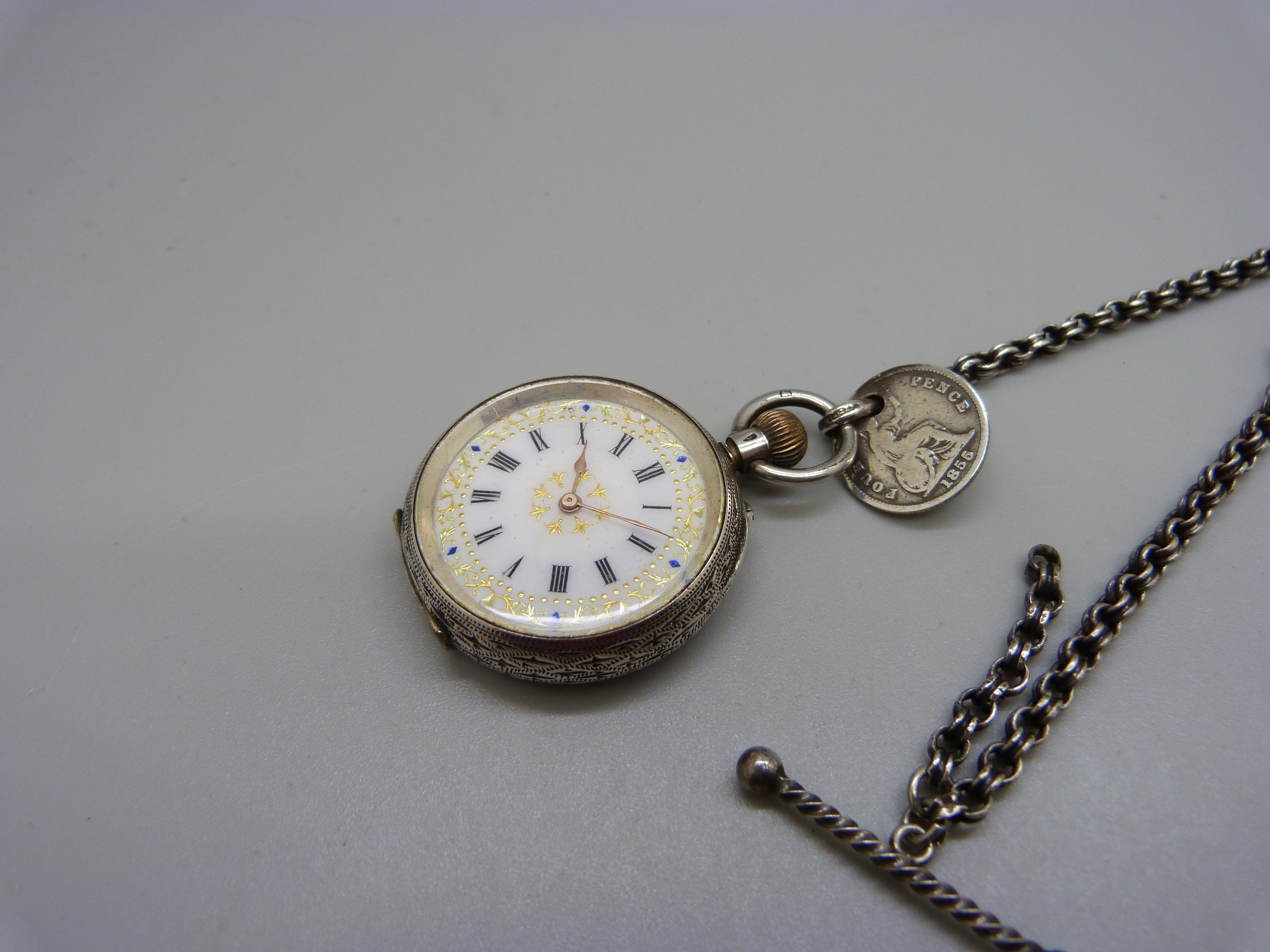 A 935 silver fob watch and an Albertina chain, (lacking clip) - Image 2 of 4