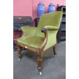 A Regency Gillows mahogany and green fabric upholstered library armchair