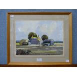 E.R. Roberts, farmhouse scene, watercolour, framed