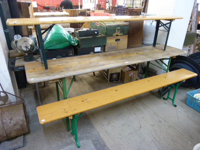 A pine Bierkeller folding trestle table and two benches