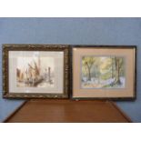 A harbour landscape, watercolour and a forest landscape, watercolour, framed
