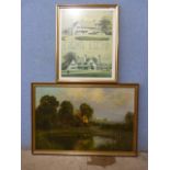 A C.F.A. Voysey architectural plan print and a rural landscape, oil on canvas, both framed