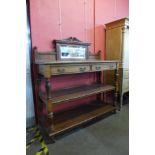 A Victorian Aesthetic Movement pollard oak three tier buffet sideboard, manner of Lamb, Manchester