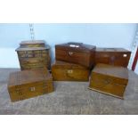 A Regency rosewood sarcophagus shaped tea caddy, two Victorian walnut jewellery boxes, etc. (6)