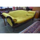A Regency rosewood and yellow fabric upholstered scroll arm settee