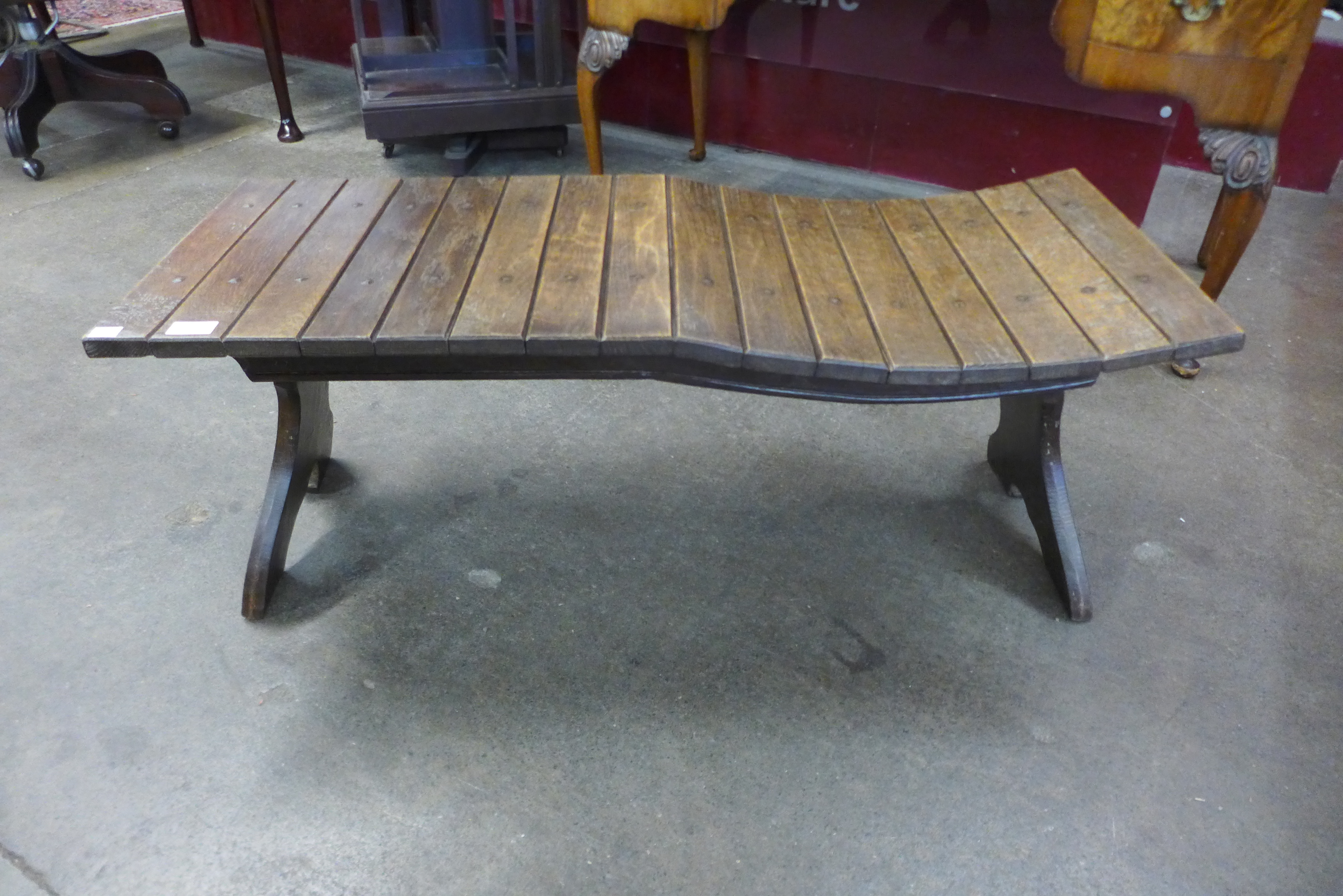 A Jack Grimble oak bench, carved Cromer, 1964, 38cms h x 98cms w