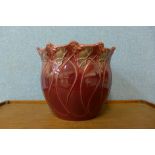 A Blakeney Pottery burgundy jardiniere, L/S Fleur Art Nouveau design