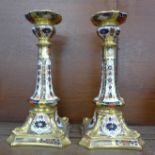 A pair of large Royal Crown Derby 1128 Imari pattern candlesticks, 27cm
