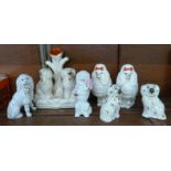 A pair of small Beswick poodles, two pairs of Staffordshire dogs and a Staffordshire spill vase