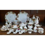 Royal Albert Old Country Roses including tea pot, jugs, bells, dishes, dinner plates, vase,