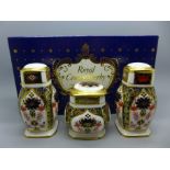 A Royal Crown Derby 1128 Imari pattern salt, pepper and mustard, with box