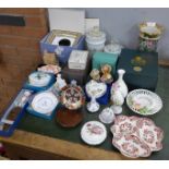 Assorted china including Royal Crown Derby, Abbeydale, Pendelfin, Mason's, Coalport, Royal Worcester