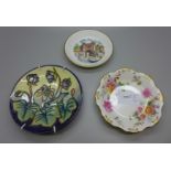 Three dishes, Moorcroft, Royal Worcester and Royal Crown Derby Posies