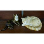 Two Mike Hinton cat figures, 12 and 15 painted backstamps, sleeping cat with nibbles to one ear