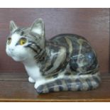 A Mike Hinton tabby cat figure, 002 painted marks, one ear chipped