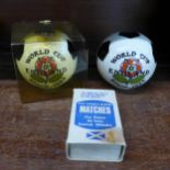 Two World Cup England Spain 1982 whisky decanters and a Smallest Bottle of Scotch Whisky in the