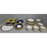 Four Aynsley transfer printed cups and five Aynsley saucers, (3+2), and six Royal Albert cups,