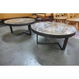 A pair of contemporary Italian style marble topped circular coffee tables