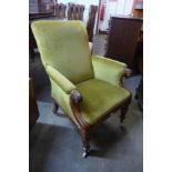 A Regency Gillows mahogany and green fabric upholstered library armchair