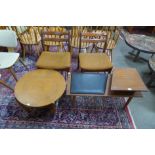 A teak telephone seat, a circular teak coffee table and pair of chairs