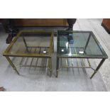 A pair of Italian brass and glass topped square occasional tables