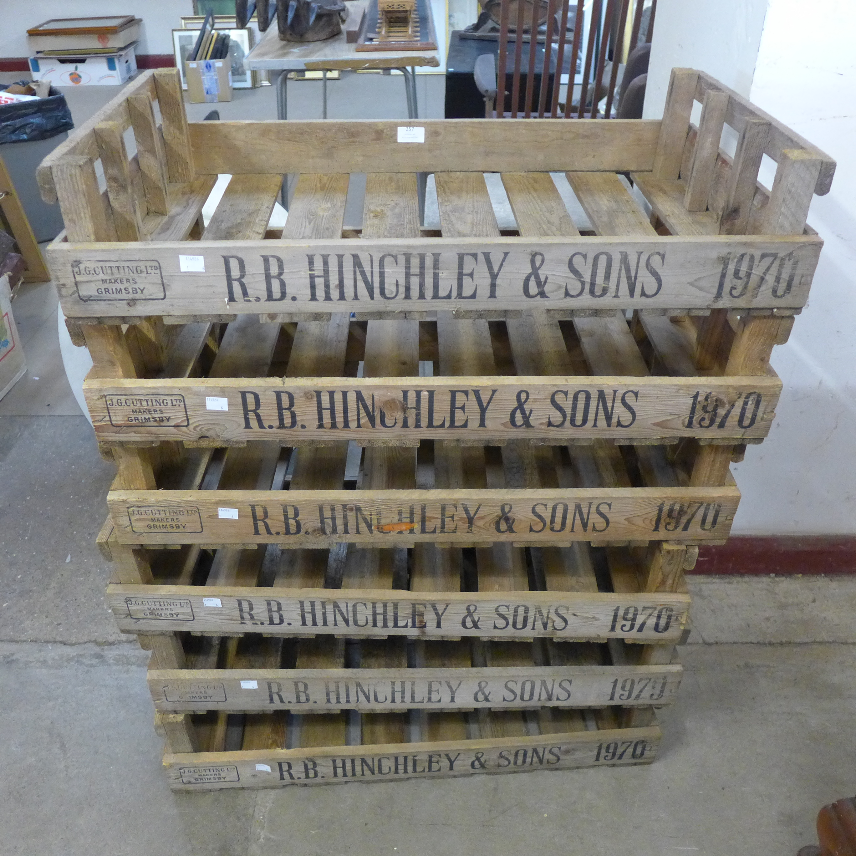 Six vintage pine R.B. Hinchley & Sons apple trays